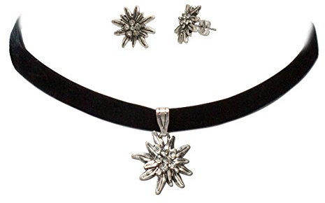 Schmuckset Trachtenkette Samt & Edelweiß-Ohrstecker - Damen Samt-Kropfband und Ohrringe, Kropfkette elastisch und Trachtenohrringe für Trachtenbluse, Dirndlkette enganliegend, Oktoberfest (schwarz)