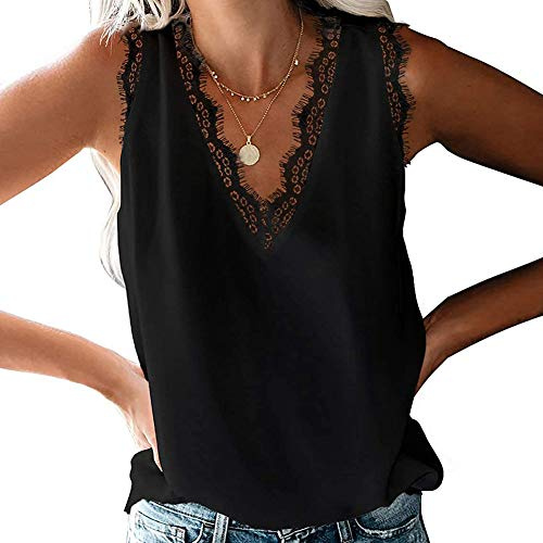 Coloody Tops sin Mangas de Encaje sin Mangas para Mujer Pestañas con Cuello en v Camisas sin Mangas-Negro-M