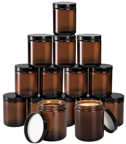 Bekith 15 Pack 260ml Amber Round Glass Jars Empty Refillable Jars with Plastic Lids for DIY Candle Homemade Facial Cream Essential Oils Travel
