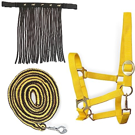 Cabestro para caballos con cuerda y flecos de mosca, cabestro con punto – Cabestro Pony Shetty Cob Full Kb (sangre fría (X-Full), amarillo + amarillo-negro