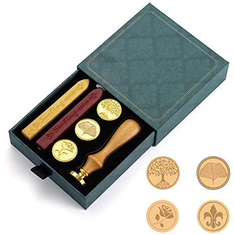 Juego de Sellos de Lacre, Kit de 4 sellos, 2 barras de cera dorada y roja, Mango de madera Palisandro. Caja Vintage para regalo, invitaciones, cartas o postales. Cabezal intercambiable.