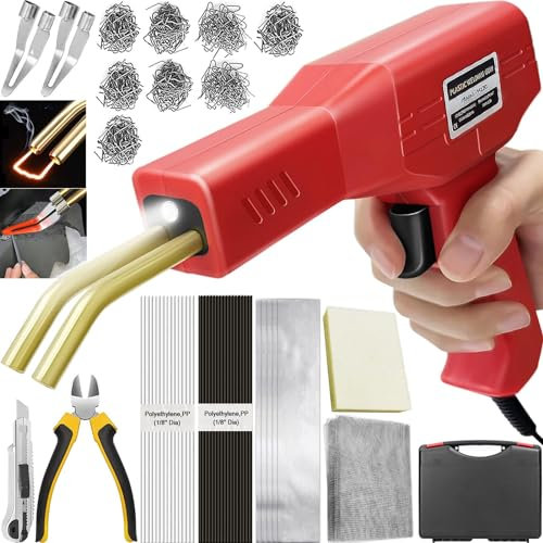 220W 2 en 1 Soldador de Plástico con 800pcs Grapas, 20pcs Varillas & 2pcs Herramientas de Suavización, Pistola Grapas para Plastico, Plástico Soldadura Reparando Kit para Reparación Parachoques (rojo)