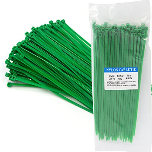 200 Pack Green Cable Ties, Nylon Zip Ties, 200mm x 3.6mm Plastic Tie Wraps, Secure Self-Locking Mechanism for Home, Garden, Office and DIY