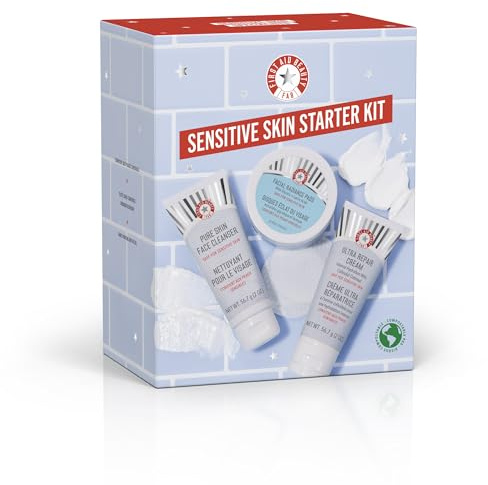 First Aid Beauty Sensitive Skin Starter Set – 3 Safe Products: Facial Radiance Exfoliating Pads, Pure Skin Face Cleanser & Ultra Repair Cream Moisturiser