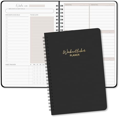 BIROYAL Undatierter Wochenplaner A5, 52 Wochen, 2 Seiten pro Woche | 120g Premium Papier Kein Durchschreiben, Ringbuch wöchentlicher Terminplaner mit To Do Liste, Habit Tracker für Büro Schule