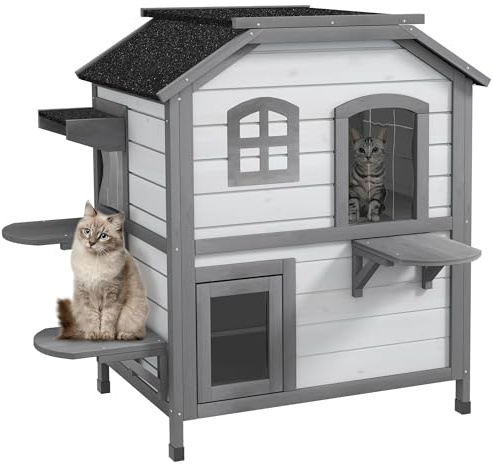 PawHut Katthus med asfalttak, katthus utomhus med trappa, kattvilla med 2 våningar, vattentät, trädgård, granträ, vit, 78 x 55,5 x 91 cm | Väderbeständig träkapsling för herrelösa kattungar, utgångsdörr, hoppplattformar