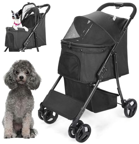 Wedyvko Hundewagen, 2in 1 Hundebuggy bis 10kg, 15 kg klappbar, Hundebuggy Kleine Hunde, Verbesserter Rahmen, Reißverschlusslos, Aufbewahrungskorb, Schwarz
