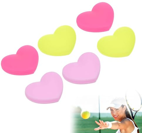 DHWEKU Tennis Vibration Amortisseur,6 Paquet Forme Coeur Silicone Absorbeur Chocs Raquette Corde Amortissement pour Tennis Racquet,Jaune,Pâle Rose,Rose
