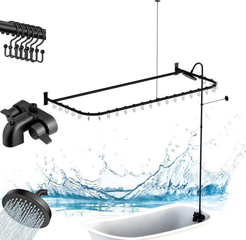 Pyhomestrim Clawfoot Tub Shower Kit,Add On Shower With Bathcock Diverter Faucet and 60 D Type Claw foot Tub Shower Curtain Rod Kit,D-Style Shower Rod and Clawfoot Tub Shower Faucet Set,Matte Black