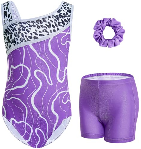 Gogokids Tredelade gymnastiktrikåer för flickor, långärmade, set med shorts och hårband, glittrande, balettdans, dräkter – gymnastikdräkt med tonad färgdesign för 3–12 år, 110(100-110 cm,5-6Y)