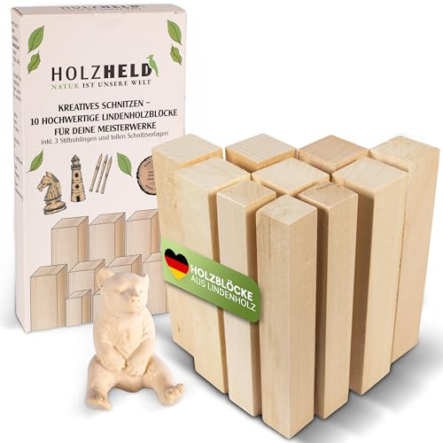 HOLZHELD Legno di tiglio da intaglio – Set da 10 pezzi – con 7 figure per bambini – spazi vuoti per principianti con 3 penne