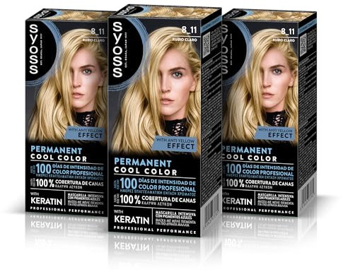SYOSS Permanent Cool Color 8-11 Rubio Claro, tinte de pelo matizador y mascarilla intensiva con keratina, para una cobertura profesional de canas, color duradero, Pack 3