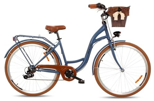 Goetze Mood 28 Zoll Damen Citybike, 18 Zoll Rahmen, 7-Gang Kettenschaltung, V-Bremse vorne & hinten, LED-Beleuchtung, Gepäckträger, Komfortsattel, Schutzbleche, Rattankorb mit Stoffeinsatz!