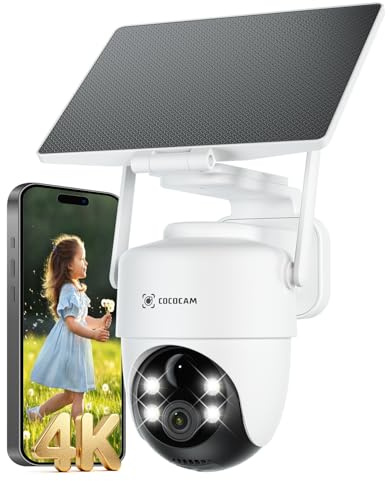 COCOCAM 4K 8MP Camera Surveillance WiFi Exterieure sans Fil sur Batterie 10000mAh, Panneau Solaire Réglable 5W, Détection IA, Détection Humaine PIR, 355 °P 90 °T, Wi-FI 2,4 GHz, IP66, Wi-FI 6
