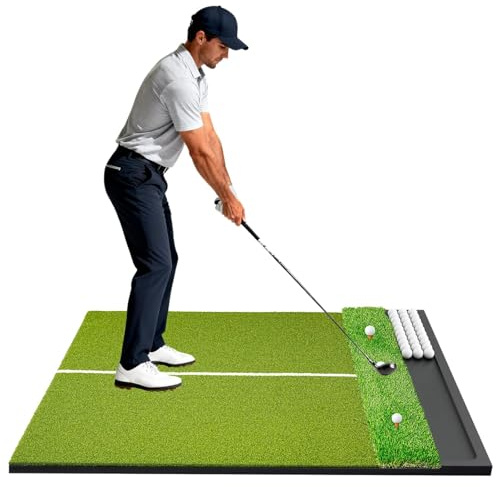 Golfpar Dual-Turf Golf Hitting Mat 5x4ft, 26mm Thick, Built-in Ball Tray 100-Ball Capacity, Indoor Outdoor Driving & Chipping Golf Practice Mats for Fairway & Rough Shots