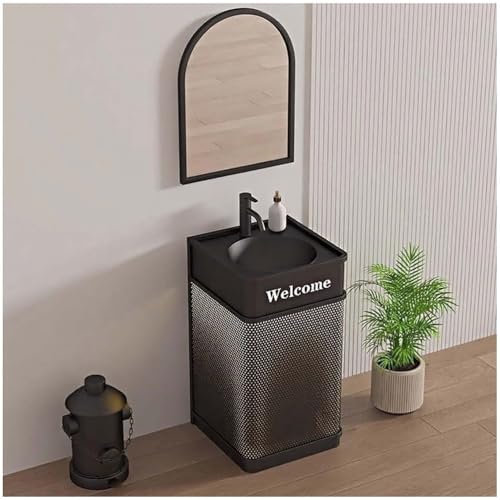 Industrial Pedestal Sink Basin with Faucet Set, Luxury Vanity Unit Washbasin, Built-in LED Light, Iron Art Bathroom Free Standing Sink Basin with Water Retaining Edge