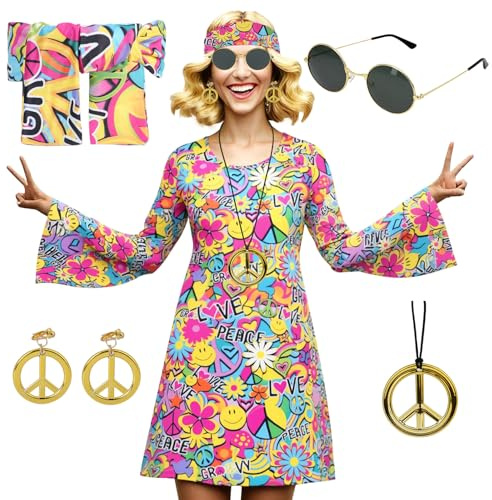 AYBUY Disfraz Hippie Mujer, 6 Piezas Conjunto de Disfraz Hippie Años 70, Disfraces de Hippies Accesorios con Collar, Pendientes, Diadema, Gafas de Sol, Vestido Hippie para Carnaval y Halloween, C, XL