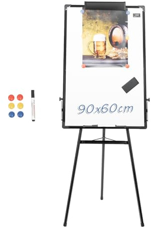 Pizarra blanca con trípode, 90 x 60 cm, altura regulable, 38 – 158 cm, incluye bolígrafos e imanes, para oficina, escuela y habitación infantil, plegable y portátil