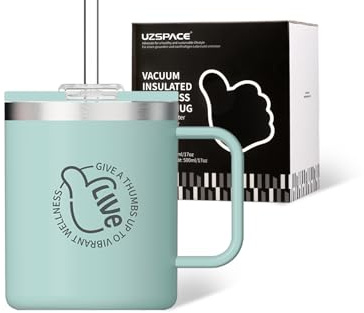 UZSPACE Mug Isotherme avec Poignée - Tasse a Cafe 500ml - Mug Thermos pour Café Chaud et Boissons Froides - Tasse à Café Réutilisable avec Paille, Bleu Brumeux
