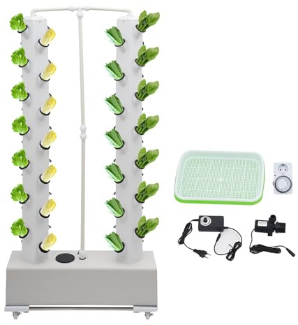 LKHDONG Sistema hidropónico de 56 agujeros, sistema de cultivo hidropónico vertical, torre hidropónica, riego automático, juego de hidroponía con depósito de agua de 30 l y ruedas (blanco)