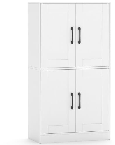 COSTWAY Wood Storage Cabinet, Adjustable Shelves 4-Door Organizer Unit Chest, Large Kitchen Cupboard Tall Floor Sideboard for Living Room Hallway Corner Bedroom (60 x 30 x 110cm, White)