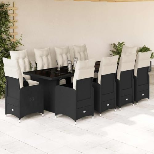 RMIHSJG Ensemble bistro de jardin 11 pièces avec coussins noirs en polyrotin, dossier et repose-pieds réglables, housses amovibles et lavables, plateau en verre trempé, résistant aux intempéries
