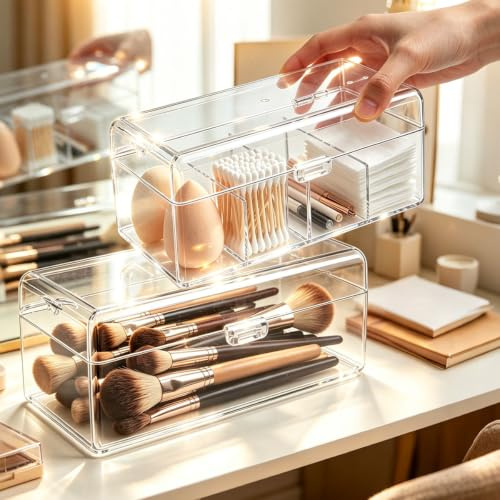 Organizador Maquillaje Transparente 2 Pcs 4 Divisiones y 1 Diáfano con Tapa