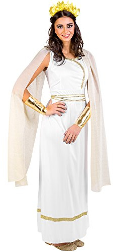 dressforfun Frauenkostüm griechische Göttin Olympia | Langes, edles Kleid mit Pailletten-Verzierungen | goldfarbene Flügelärmel | Armmanschetten & Kopfschmuck (M | Nr. 300199)