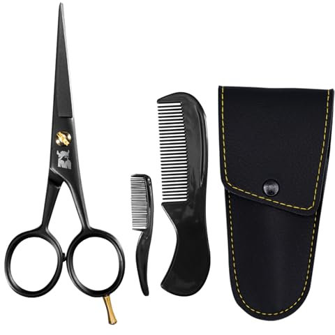 5 Professionelle deutsche Bart- und Schnurrbartschere - Schnurrbartpflegeset zum Trimmen von Gesichtshaaren mit Bartschere, Bartkamm, Schnurrbartkamm und Tragetasche von Striking Viking