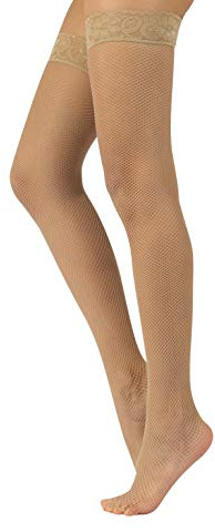 CALZITALY Hålllösa nätstrumpor med spets midjeband | svart, hudfärg | S, M/L | Tillverkad i Italien, Beige, M-L