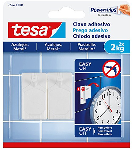 tesa Clavo Adhesivo para Azulejos y Metal 2 kg, Clavo Adhesivo de Alta Resistencia para Superficies Lisas en Baños y Cocinas, Gancho de Tira, Sostiene hasta 2 kg