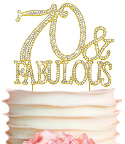 Premium Metal 70 and Fabulous Rhinestone Gem Cake Topper. Perfect 70th Birthday Party Keepsake and Decoration. Sparkling, Crystal and Diamond Style Bling Makes a Great Centerpiece. (70&Fab Gold)