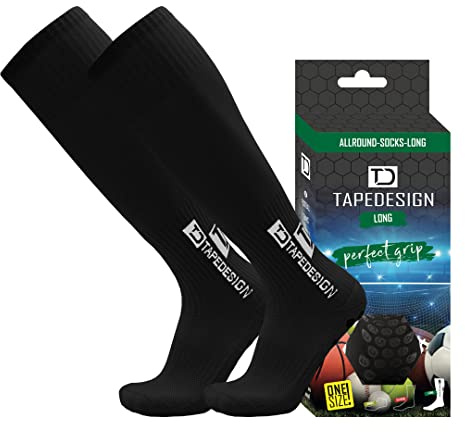 TAPEDESIGN Long 1 Paar Rutschfeste Fußball-Socken (Lang) mit gummierten Noppen Schwarz - Fussball-Socken & Stutzen mit Grip Damen & Herren - Anti-Rutsch Sportsocken, Stulpen & Strümpfe (One-Size)