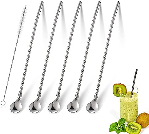 6 cucchiai di cannuccia in acciaio inossidabile, cucchiaio di cannuccia riutilizzabile in acciaio inossidabile, cucchiaio da latte macchiato, cucchiaio da cocktail e cannuccia (argento)