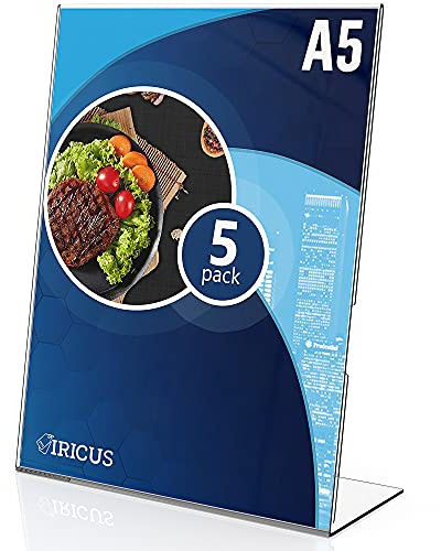 5 pack Acrylic Sign Holder A5 - Acrylic Sign Holder with Vertical Slanted Back - Clear Plastic Sign Holder Paper Display Table Stand Photo Frames Flyer Document Paper Display Stand for Office