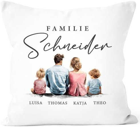SpecialMe® Kissen-Bezug Familie personalisierbar mit Namen Figuren Eltern Kinder Haustiere Aqarell Watercolor weiß Standard