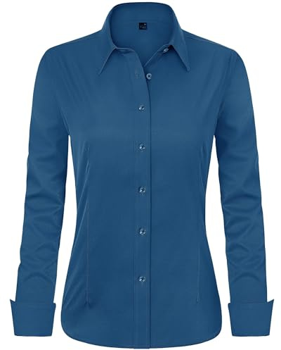 J.VER Womens Dress Shirts Long Sleeve Button Down Shirt Wrinkle-Free Business Casual Blouse Office Work Petite Tops Blue Small