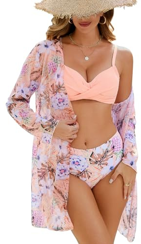 UMIPUBO Costume da Bagno Donna 3 Pezzi Bikini con Copricostume da Mare Imbottito Reggiseno Costumi da Mare Bikini Top Slip da Bagno Bikini Cover Up Abiti da Spiaggia Beachwear Pareo (Rosa, XL)