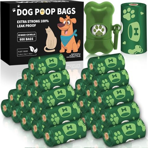 BGIUSQF 600 Pcs Hundekotbeutel (24 Rollen), Kotbeutel für Hunde + Hundekotbeutelspender, Tragbar Dog Poop Bags, Leicht zu Zerreißen, Auslaufsicher und Wasserdicht, Hundebeutel Kot, Grün