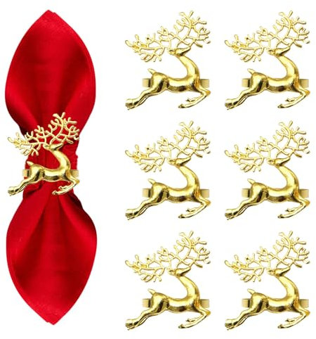 Weihnachtsserviettenringe,6 Stück Gold Hirsh Serviettenringe,Metall Legierung Serviettenringhalter Serviettenschnalle für Tischdekoration, Hochzeit, Weihnachten, Party Abendessen, Thanksgiving