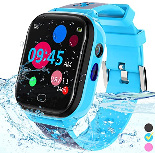 FRLONE Kinder-Smartwatch Telefon – IP67 Smartwatch Jungen Mädchen mit Touchscreen 5 Spiele Kamera Alarm SOS Anruf Digital Armbanduhr für 3-13 Jahre Kinder Geburtstagsgeschenk (Blau)