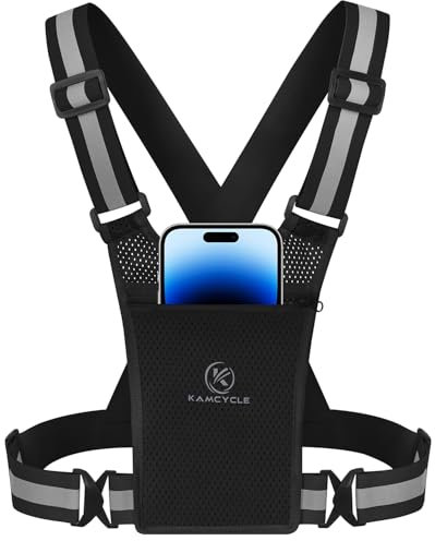 KAMCYCLE Reflektierende Laufweste mit Handytasche, Joggen Handyhalterung, Fahrrad Reflektorweste, Leuchtweste für Damen und Herren (Schwarz)