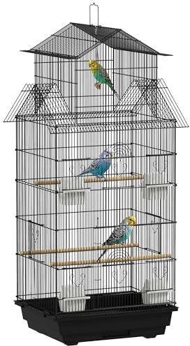 PawHut Jaula para Pájaros de Acero Pajarera con Comederos Perchas Columpio y Bandeja Extraíble Jaula Grande para Loros Canario Periquito 50,5x41x104 cm Negro