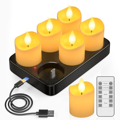 PChero Bougies rechargeables avec télécommande, lot de 6 bougies chauffe-plat LED sans flamme à piles avec effet vacillant avec base de charge pour décorations de fête de Noël, Halloween, réveillon du