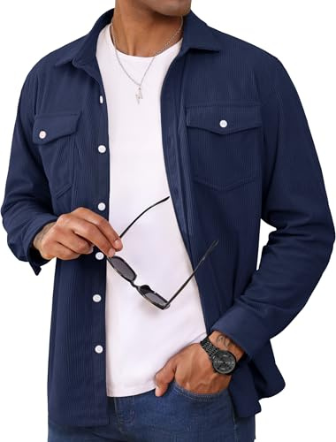 MAGCOMSEN Men Corduroy Shirt Long Sleeve Casual Shacket Lightweight Button Closure Shirt Jacket with Chest Pocket Navy