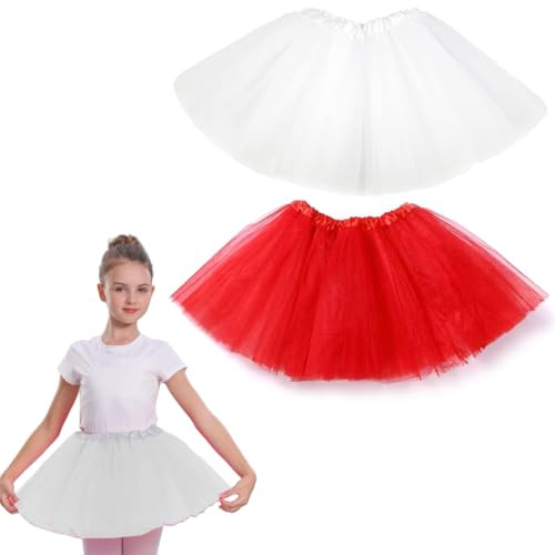 KUMSODE 2 Piezas Falda de Tutú para Niñas, Falda de Tul para Ballet 3 Capas Elástica Disfraz de Princesa Carnaval 30cm de Largo Talla Única (Rojo, Blanco)