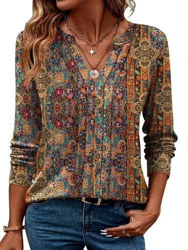 Zeagoo Tunic Tops Women Fall Henley V Neck Boho Loose Brown Tunic Pleated Shirts Dressy Casual 2025 Long Sleeve Work Shirts Business Graphic Floral Formal Tops