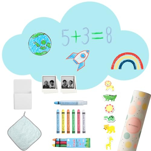 Mithreel Magnettavla för barn – självhäftande väggtavla i molnform med pastellfärger och kritor – Montessori magnetvägg – för flickor och pojkar – barn, magnettavla vägg (blå, 120 x 60 cm)