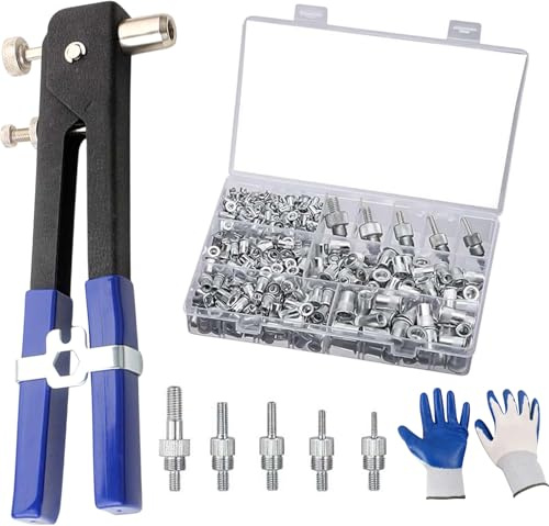 Risirica Pressure Rivet Nut Tool Kit,Rivnut Tool Kit,430Pcs Metric Rivet Nut Combination(M8/M6/M5/M4/M3),Rivet nut Assortment Kit with Rugged Carrying Case & protective gloves for Furniture,Decoration