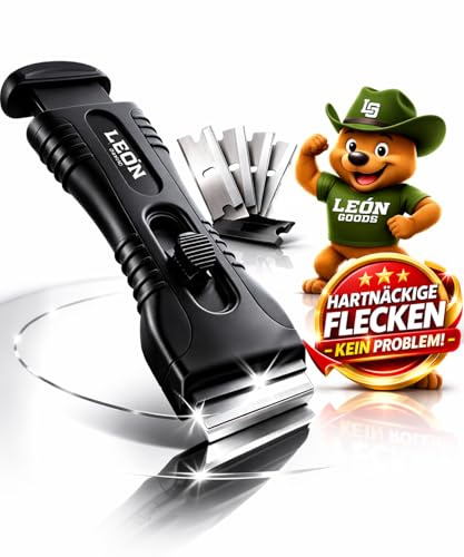LEÓN Goods - Professioneller Ceranfeldschaber mit 5x Klingen - der Glasschaber für deine Ceranfeld Kochfelder - Inkl. Carbon-Stahl & Kunststoffklinge - Schaber für Ceranfeld und Glaskeramik Schaber!